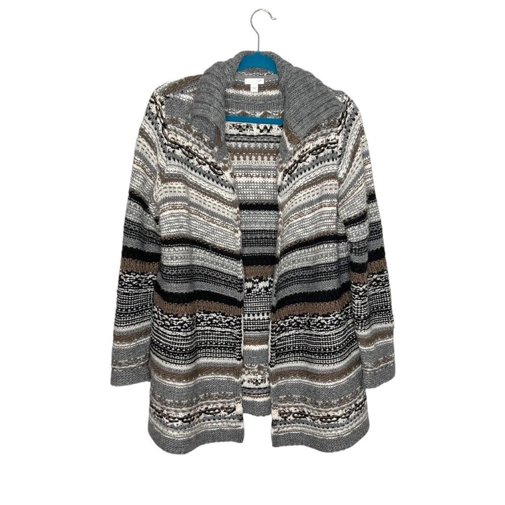 J. Jill Gray & White Chunky Knit Striped Wool Alpaca Blend Open Front Cardigan
